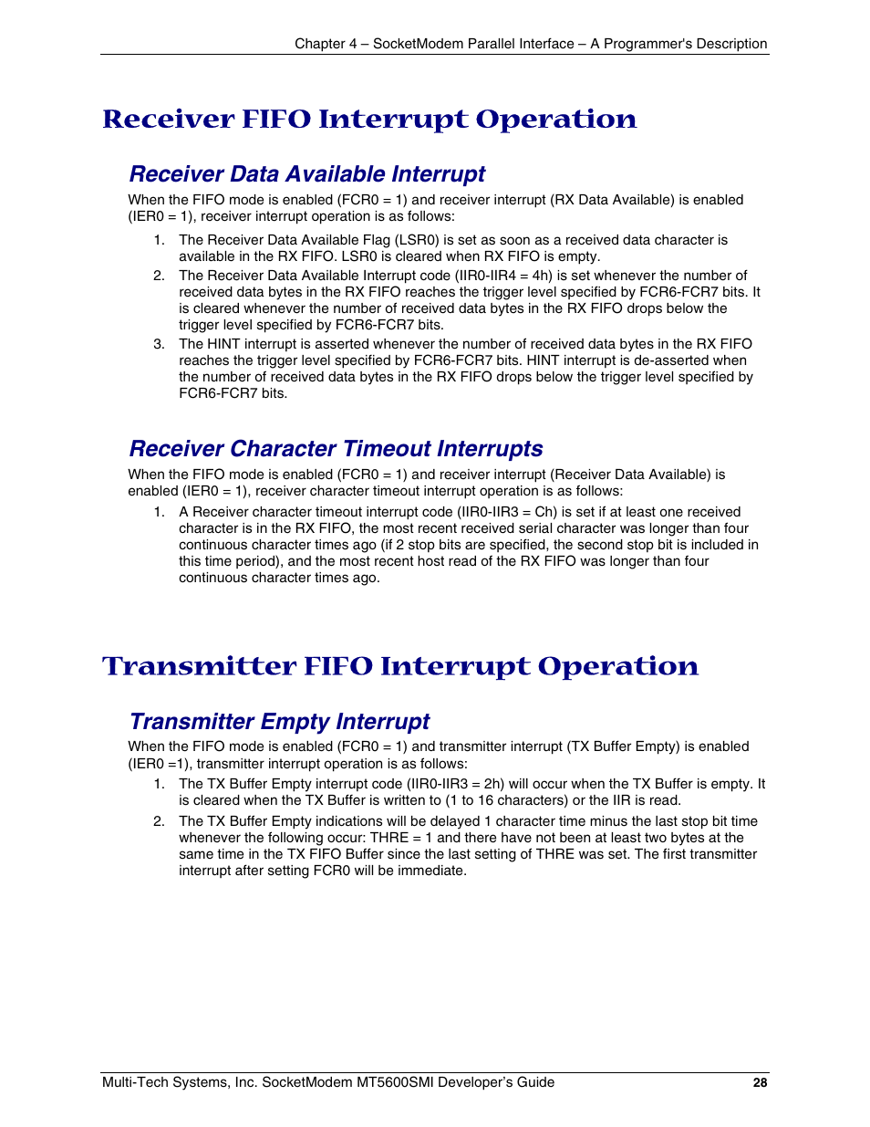 Receiver fifo interrupt operation, Receiver data available interrupt, Receiver character timeout interrupts | Transmitter fifo interrupt operation, Transmitter empty interrupt | Multi-Tech Systems MT5600SMI-34 User Manual | Page 28 / 134