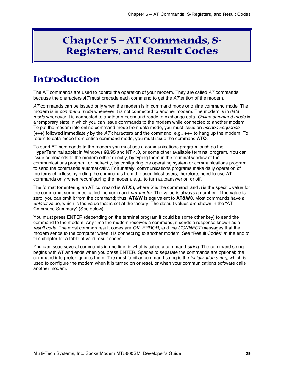 Chapter 5 – at commands, s-registers, and result, Introduction | Multi-Tech Systems MT5600SMI-34 User Manual | Page 29 / 134