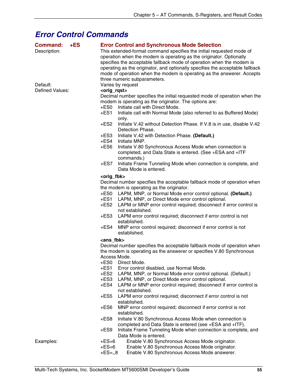 Error control commands | Multi-Tech Systems MT5600SMI-34 User Manual | Page 55 / 134