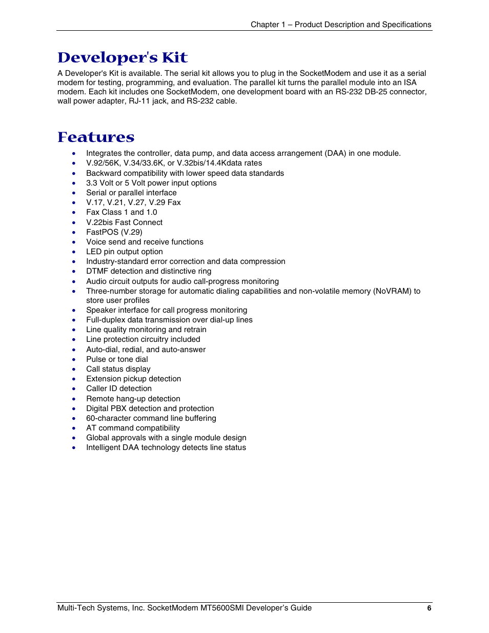 Features, Developer's kit | Multi-Tech Systems MT5600SMI-34 User Manual | Page 6 / 134