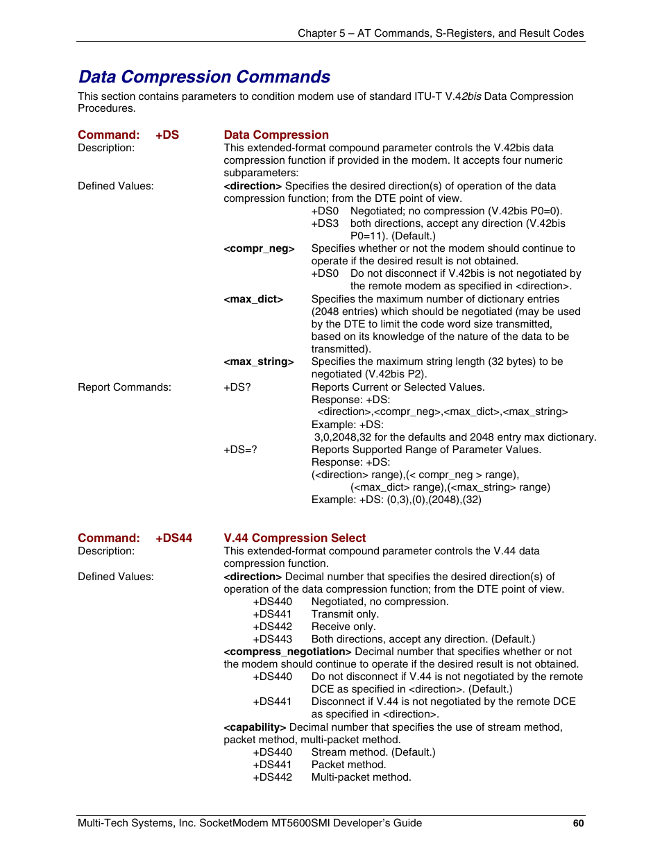 Data compression commands | Multi-Tech Systems MT5600SMI-34 User Manual | Page 60 / 134