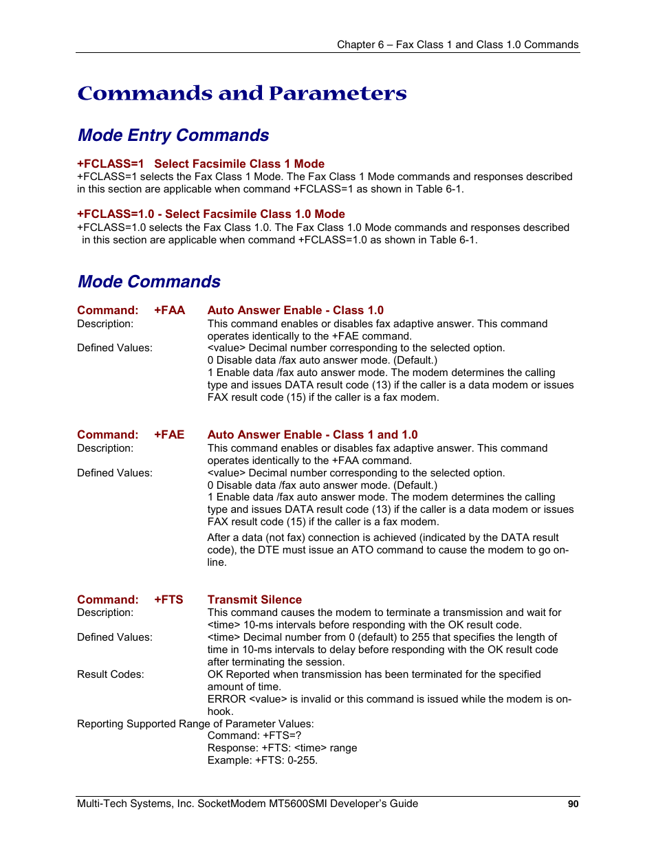 Commands and parameters, Mode entry commands, Mode commands | Mode entry commands mode commands | Multi-Tech Systems MT5600SMI-34 User Manual | Page 90 / 134