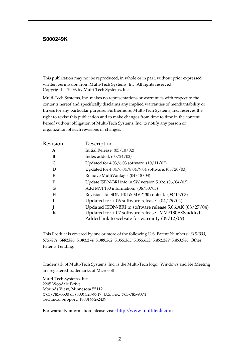 User guide, Revision description | Multi-Tech Systems MULTIVOIP MVP-410ST/810ST User Manual | Page 2 / 559