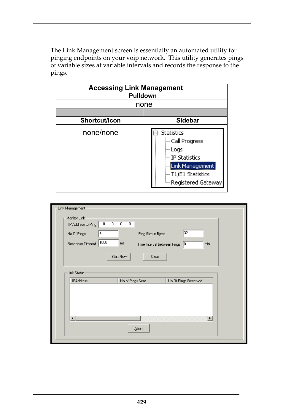 About link management, None, None/none | Multi-Tech Systems MULTIVOIP MVP-410ST/810ST User Manual | Page 429 / 559