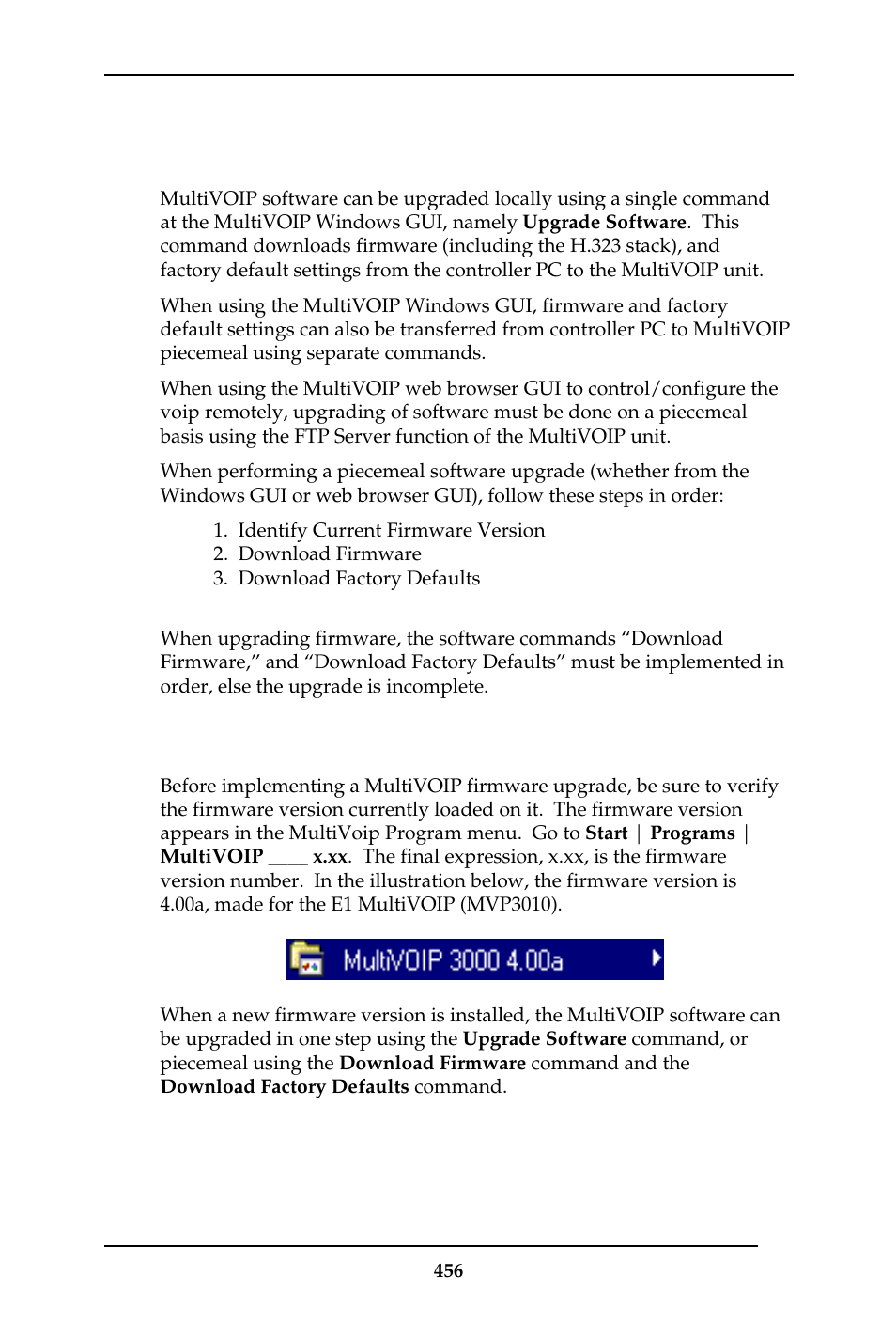 Implementing a software upgrade, Identifying current firmware version | Multi-Tech Systems MULTIVOIP MVP-410ST/810ST User Manual | Page 456 / 559