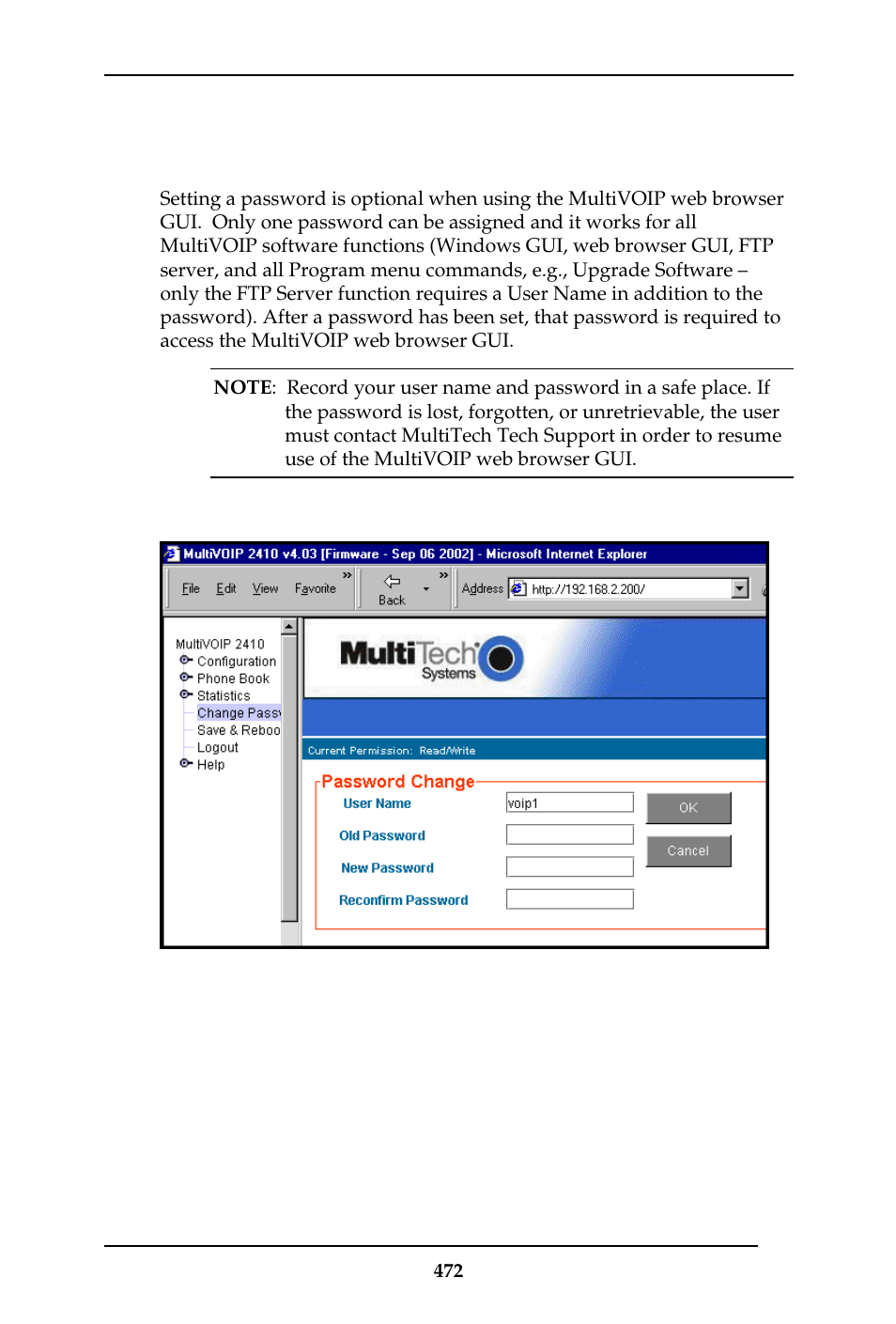 Setting a password (web browser gui) | Multi-Tech Systems MULTIVOIP MVP-410ST/810ST User Manual | Page 472 / 559