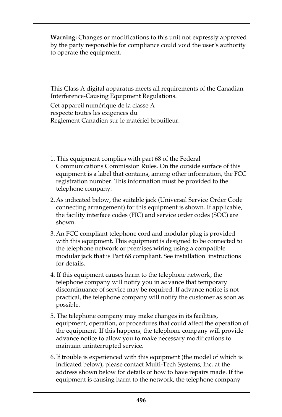 Industry canada, Fcc part 68 telecom, Canada | Multi-Tech Systems MULTIVOIP MVP-410ST/810ST User Manual | Page 496 / 559