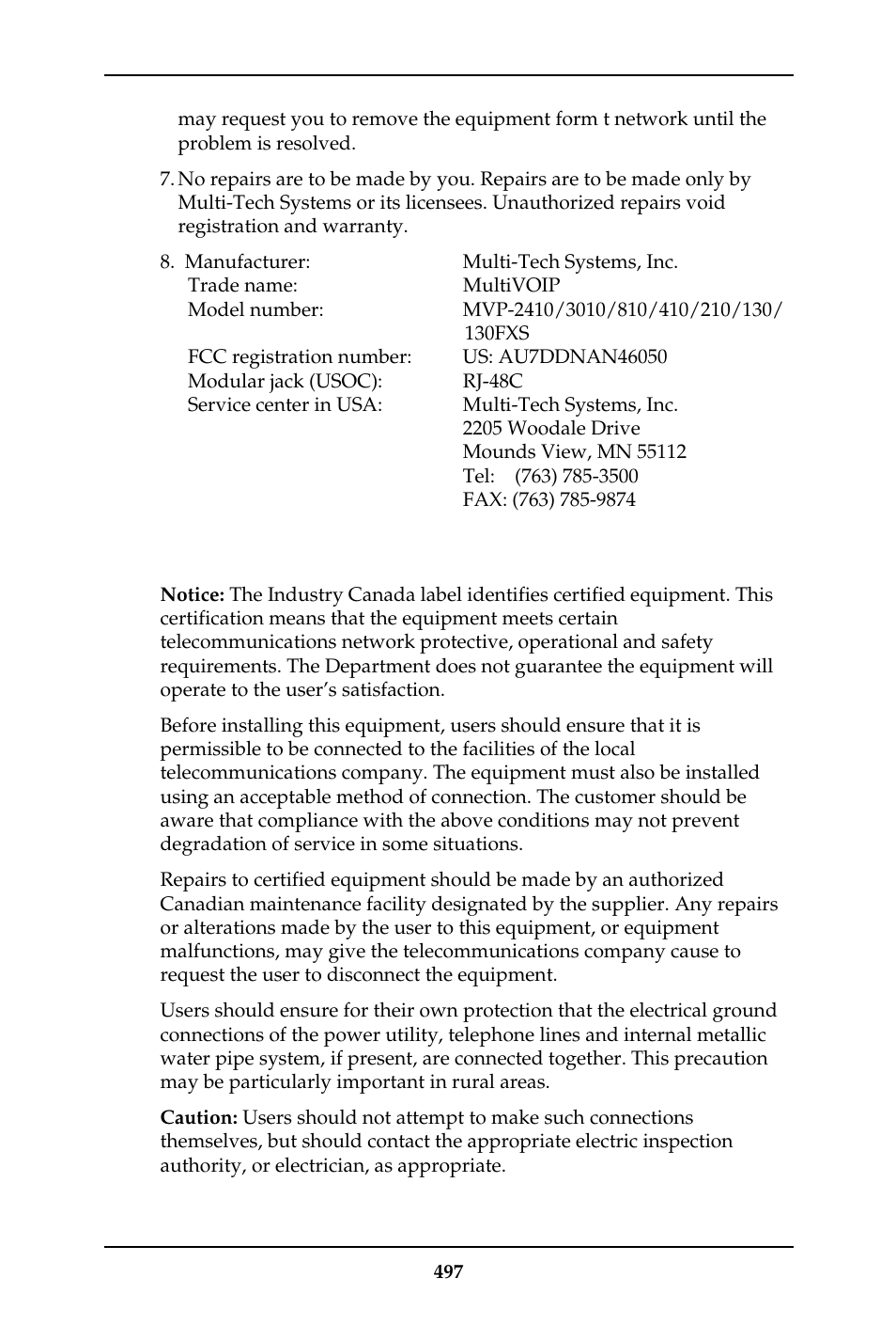 Canadian limitations notice | Multi-Tech Systems MULTIVOIP MVP-410ST/810ST User Manual | Page 497 / 559