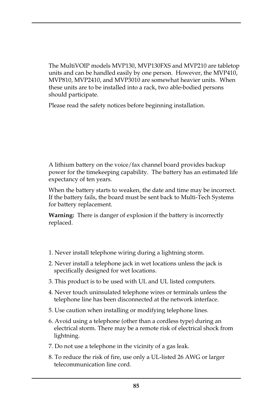 Introduction, Safety warnings, Lithium battery caution | Safety warnings telecom | Multi-Tech Systems MULTIVOIP MVP-410ST/810ST User Manual | Page 85 / 559