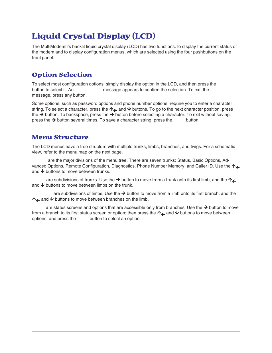 Liquid crystal display (lcd), Option selection, Menu structure | Option selection menu structure, Liquid cr | Multi-Tech Systems MT5600BL-V.90 User Manual | Page 13 / 66