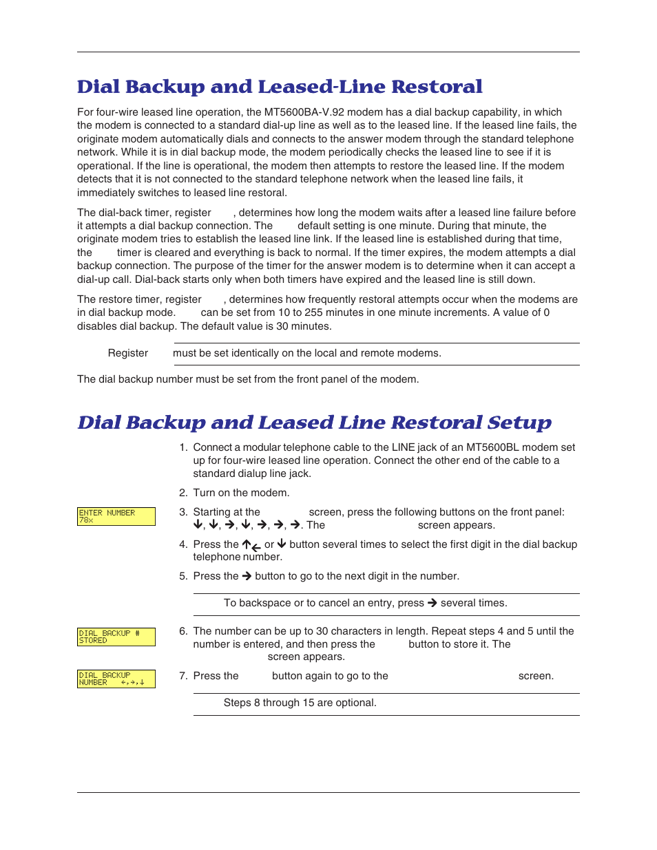 Dial backup and leased-line restoral, Dial backup and leased line restoral setup, Dial b | Multi-Tech Systems MT5600BL-V.90 User Manual | Page 31 / 66