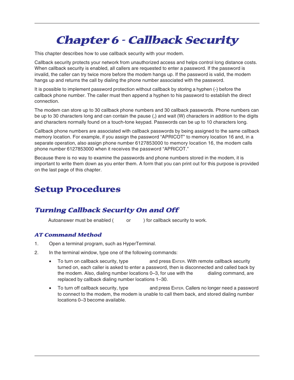 Chapter 6 - callback security, Setup procedures, Turning callback security on and off | Multi-Tech Systems MT5600BL-V.90 User Manual | Page 35 / 66
