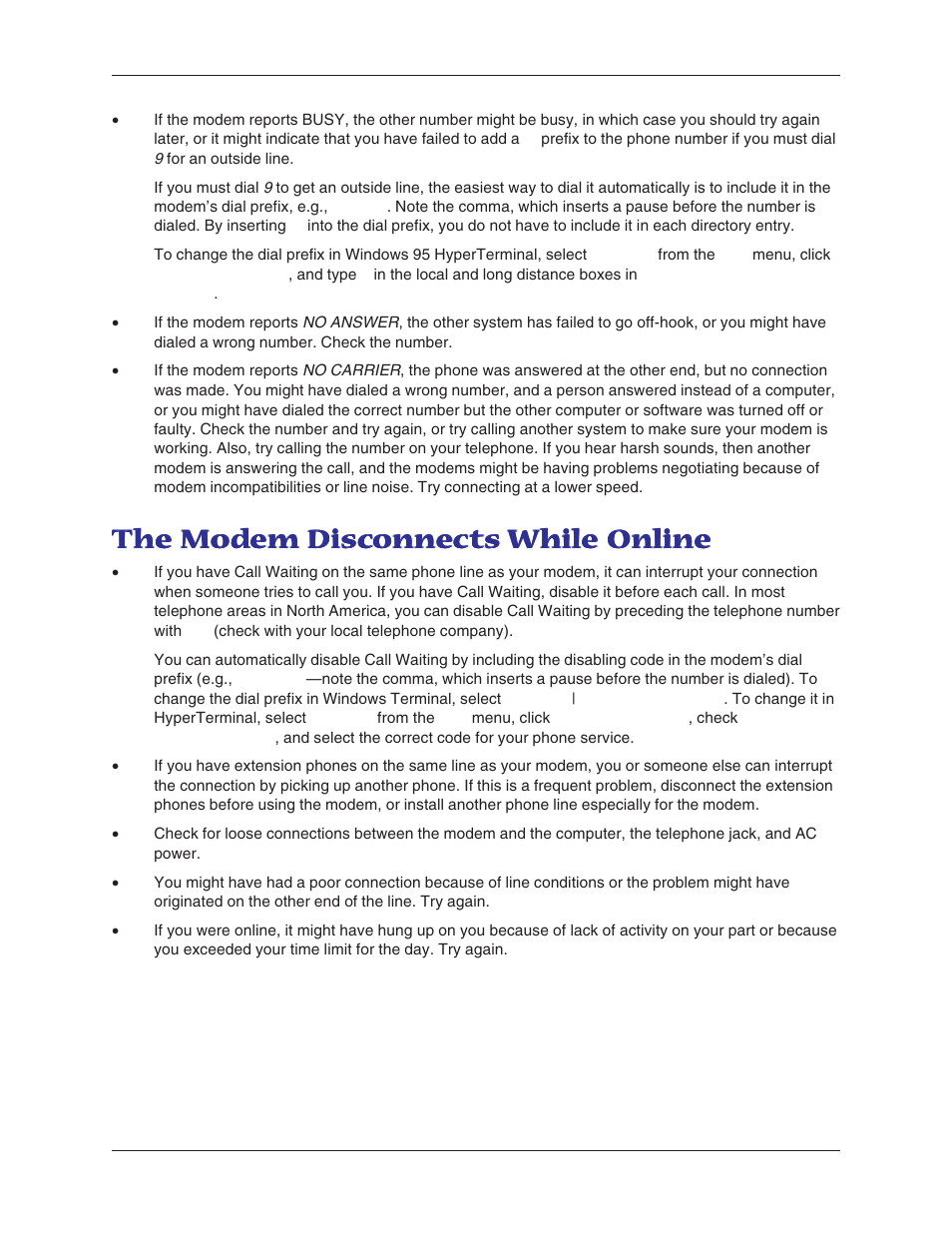 The modem disconnects while online | Multi-Tech Systems MT5600BL-V.90 User Manual | Page 44 / 66