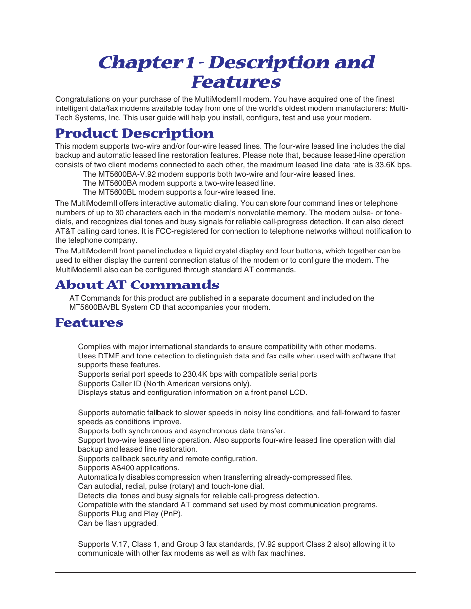 Chapter 1 - description and features, Product description, About at commands | Features, Product description about at commands features | Multi-Tech Systems MT5600BL-V.90 User Manual | Page 5 / 66