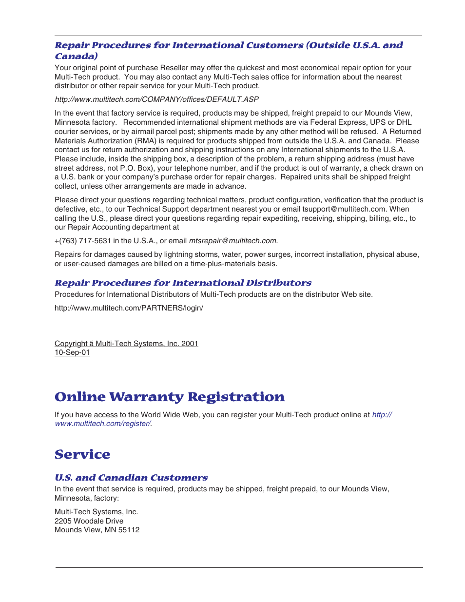 Online warranty registration, Service, Online warranty registration service | Online | Multi-Tech Systems MT5600BL-V.90 User Manual | Page 54 / 66