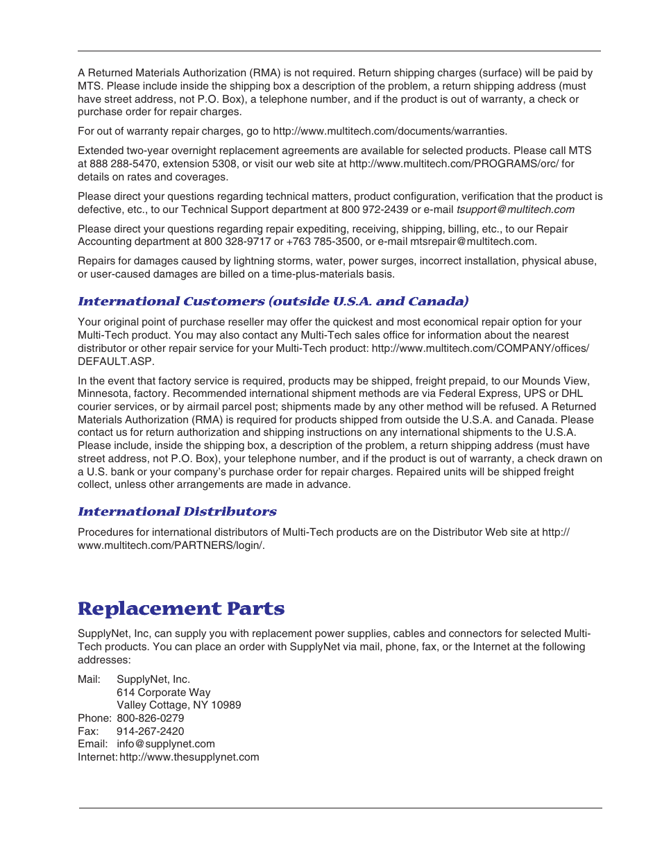 Replacement parts | Multi-Tech Systems MT5600BL-V.90 User Manual | Page 55 / 66