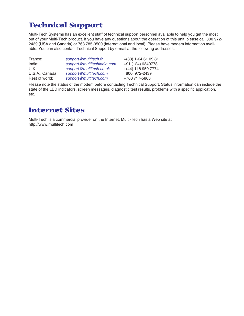 Technical support, Internet sites, Technical support internet sites | Inter | Multi-Tech Systems MT5600BL-V.90 User Manual | Page 56 / 66