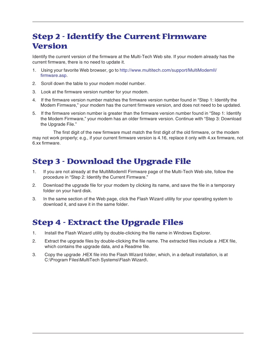 Step 2 - identify the current firmware version, Step 3 - download the upgrade file, Step 4 - extract the upgrade files | Multi-Tech Systems MT5600BL-V.90 User Manual | Page 58 / 66