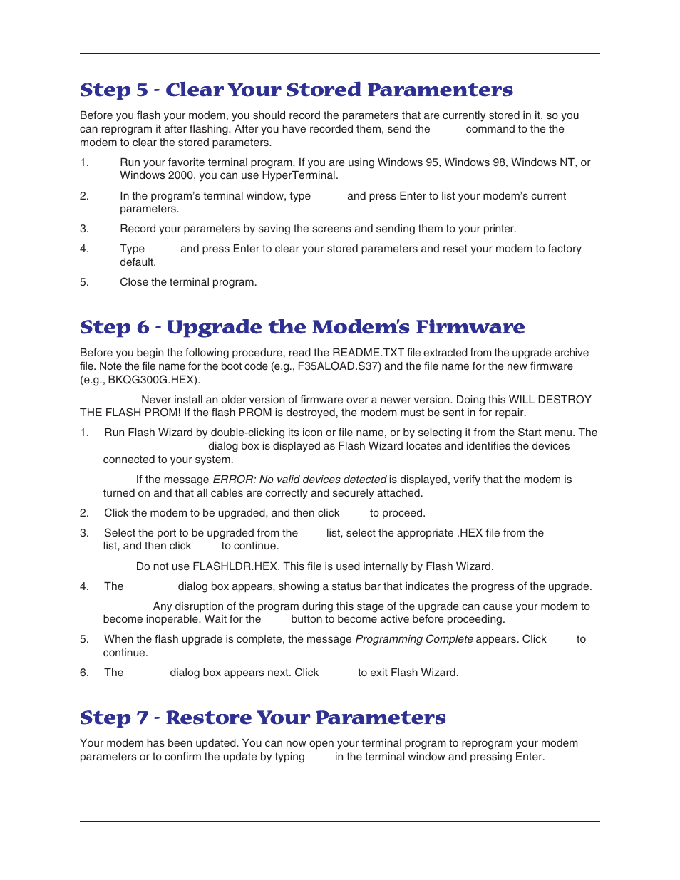 Step 5 - clear your stored paramenters, Step 6 - upgrade the modem's firmware, Step 7 - restore your parameters | Step 5 - c, Step 6 - upg, Step 7 - r | Multi-Tech Systems MT5600BL-V.90 User Manual | Page 59 / 66