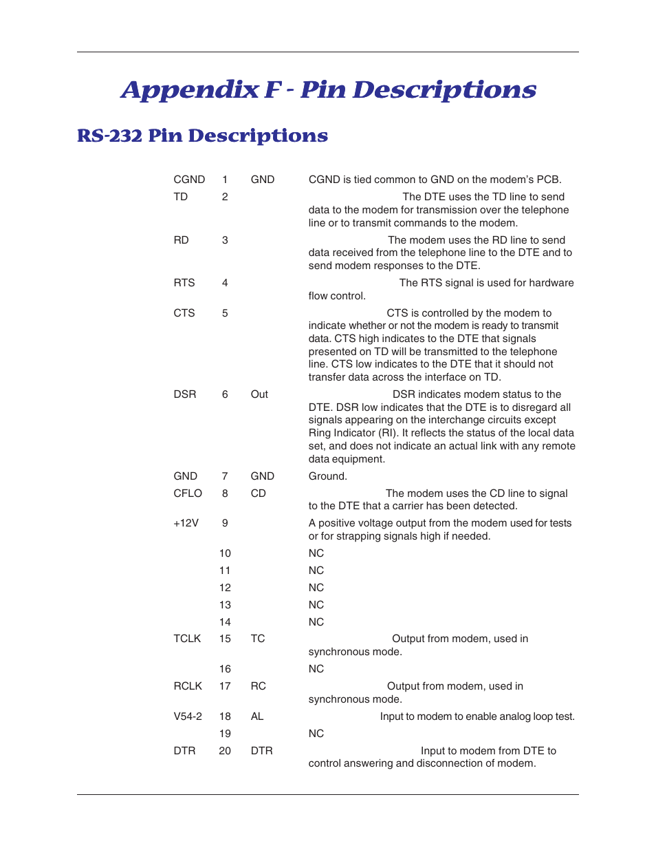 Appendix f - pin descriptions, Rs-232 pin descriptions, Appendix | Multi-Tech Systems MT5600BL-V.90 User Manual | Page 62 / 66