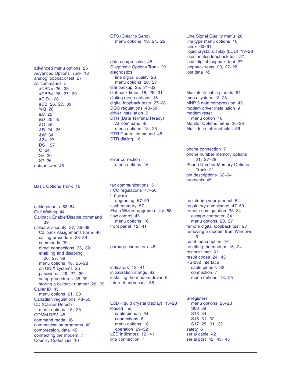 Index | Multi-Tech Systems MT5600BL-V.90 User Manual | Page 65 / 66