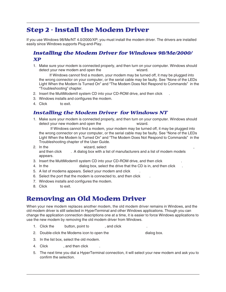 Step 2 - install the modem driver, Removing an old modem driver, Step 2 - inst | Multi-Tech Systems MT5600BL-V.90 User Manual | Page 9 / 66