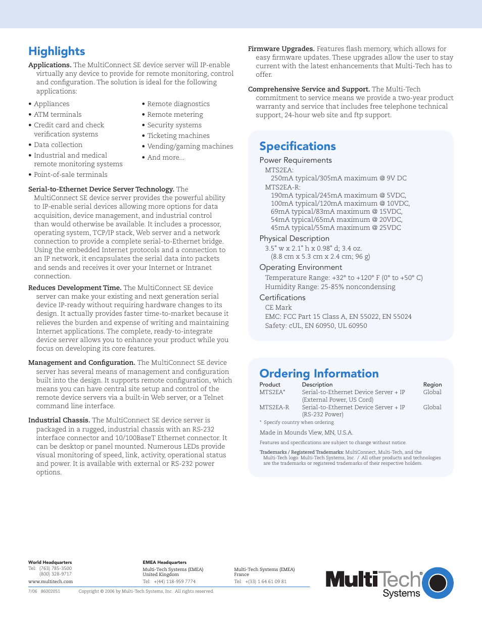 Highlights, Ordering information, Speciﬁcations | Multi-Tech Systems ZDXModemRack UL60950 User Manual | Page 2 / 2
