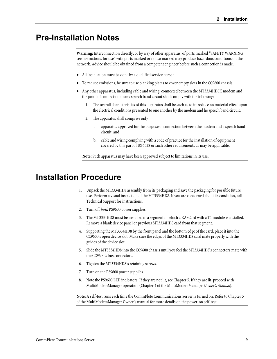 Pre-installation notes, Installation procedure, Pre-installation notes installation procedure | Multi-Tech Systems MT3334HD8 User Manual | Page 15 / 100