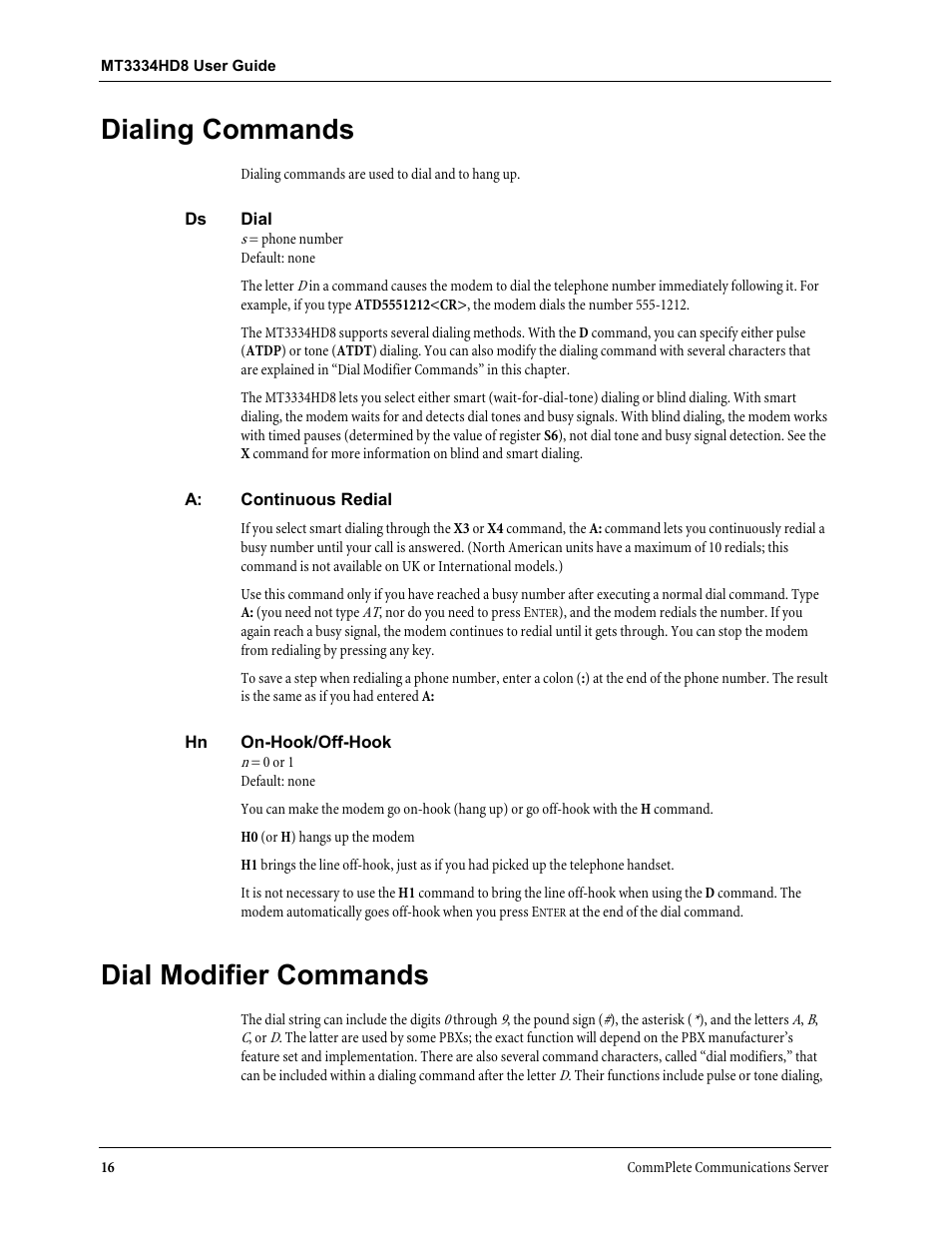 Dialing commands, Dial modifier commands, Dialing commands dial modifier commands | Multi-Tech Systems MT3334HD8 User Manual | Page 22 / 100