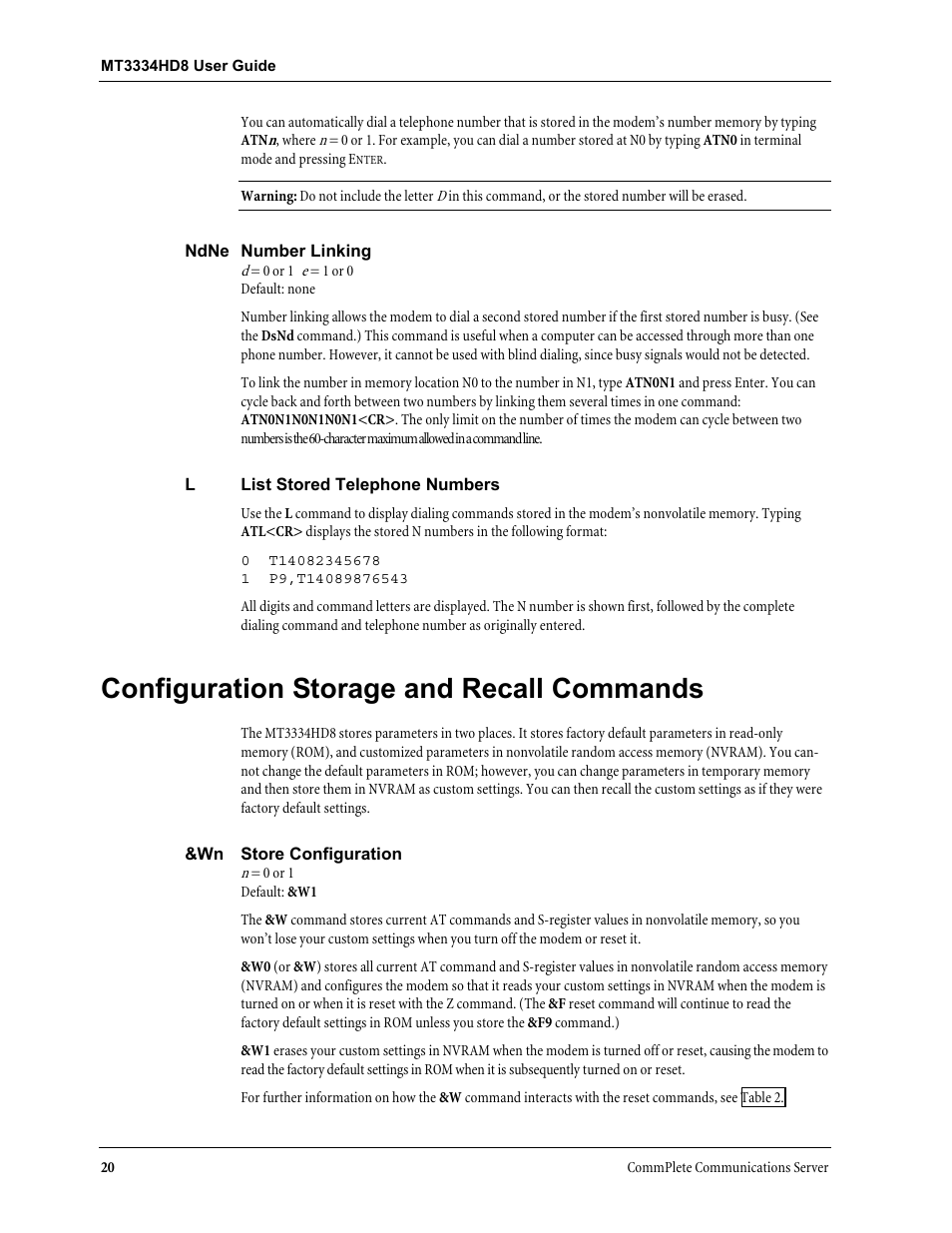 Configuration storage and recall commands | Multi-Tech Systems MT3334HD8 User Manual | Page 26 / 100