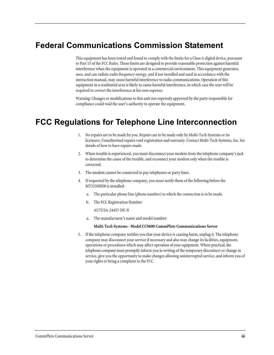 Federal communications commission statement, Fcc regulations for telephone line interconnection | Multi-Tech Systems MT3334HD8 User Manual | Page 3 / 100