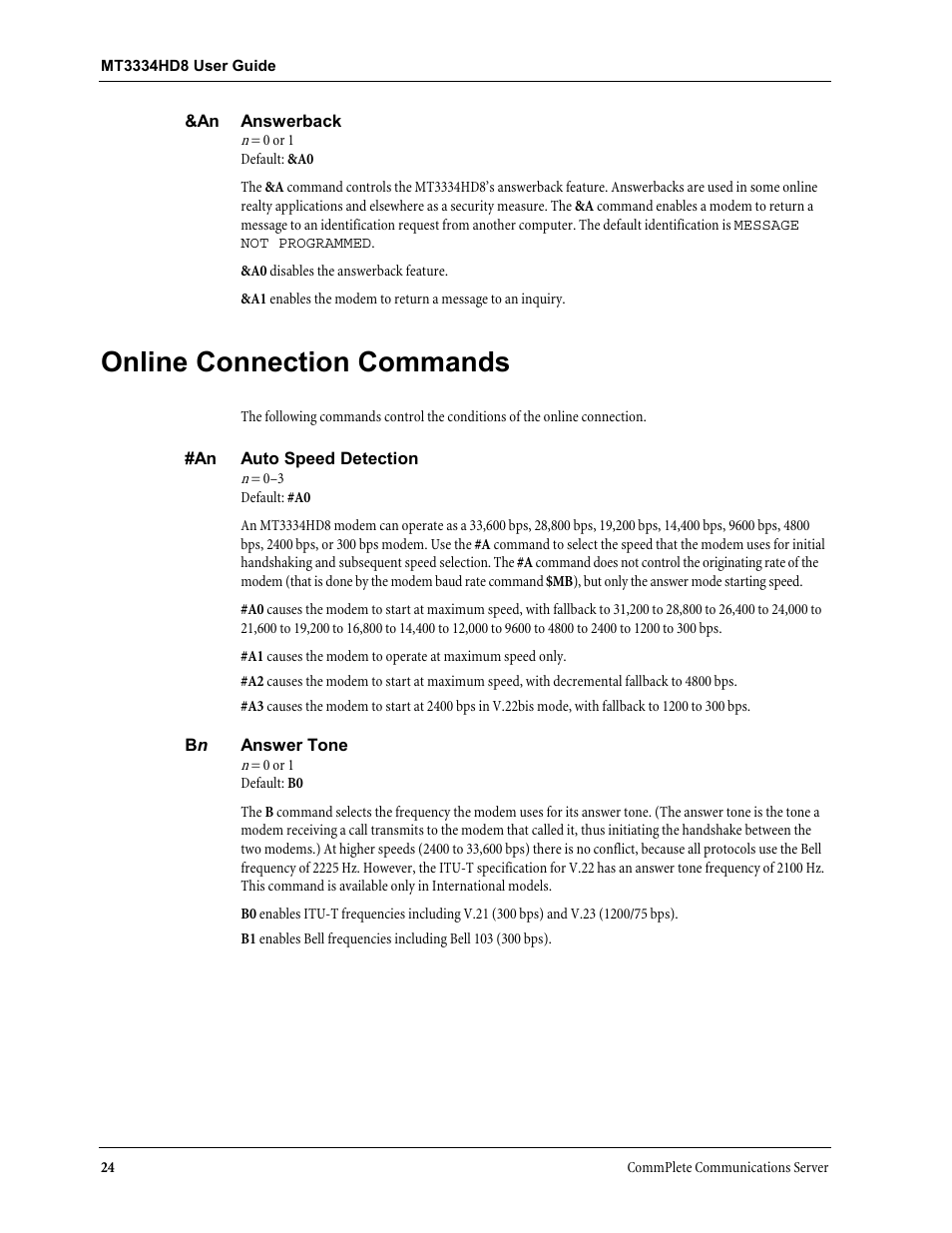 Online connection commands | Multi-Tech Systems MT3334HD8 User Manual | Page 30 / 100