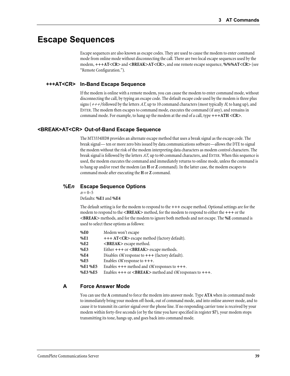 Escape sequences | Multi-Tech Systems MT3334HD8 User Manual | Page 45 / 100