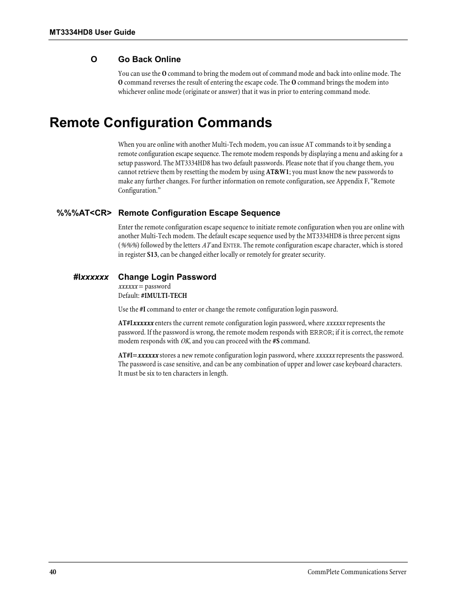Remote configuration commands | Multi-Tech Systems MT3334HD8 User Manual | Page 46 / 100