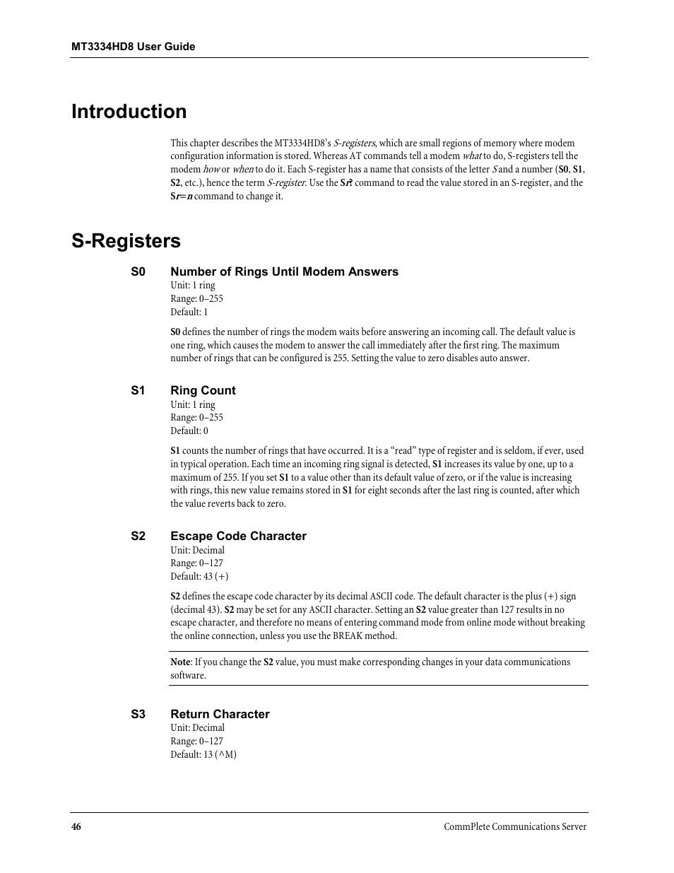 Introduction, S-registers, Introduction s-registers | Multi-Tech Systems MT3334HD8 User Manual | Page 52 / 100