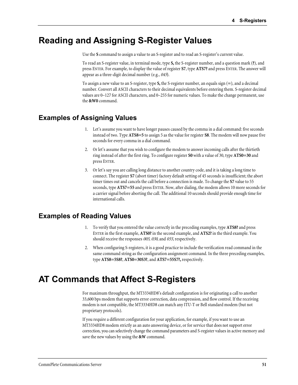 Reading and assigning s-register values, Examples of assigning values, Examples of reading values | At commands that affect s-registers | Multi-Tech Systems MT3334HD8 User Manual | Page 57 / 100