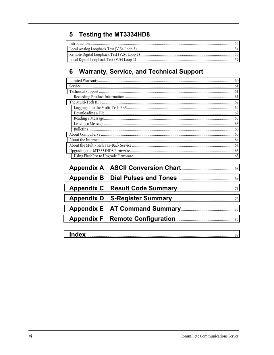 6 warranty, service, and technical support, Appendix a ascii conversion chart, Appendix b dial pulses and tones | Appendix c result code summary, Appendix d s-register summary, Appendix e at command summary, Appendix f remote configuration, Index | Multi-Tech Systems MT3334HD8 User Manual | Page 6 / 100