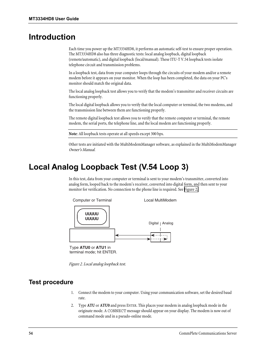 Introduction, Local analog loopback test (v.54 loop 3), Test procedure | Multi-Tech Systems MT3334HD8 User Manual | Page 60 / 100