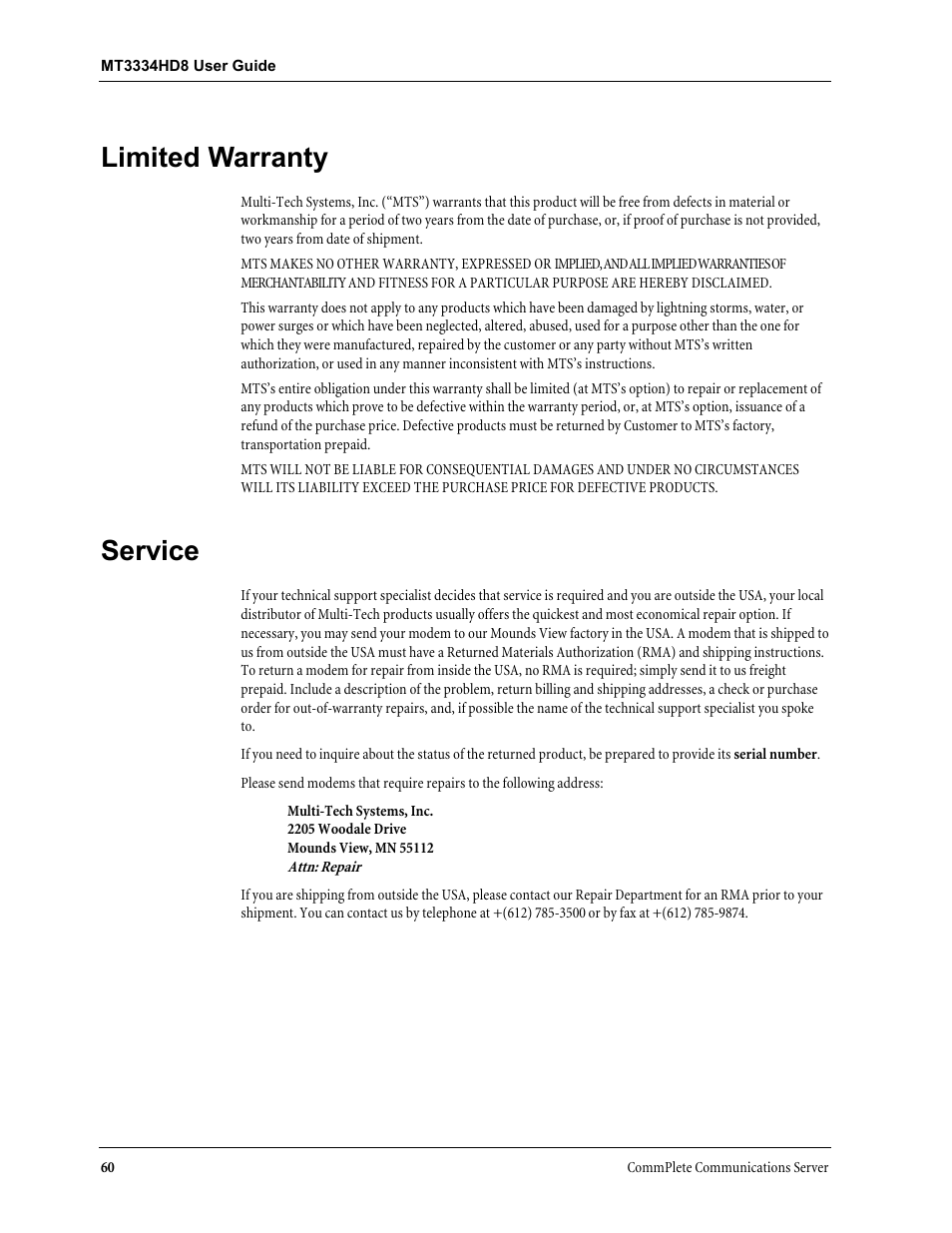 Limited warranty, Service | Multi-Tech Systems MT3334HD8 User Manual | Page 66 / 100