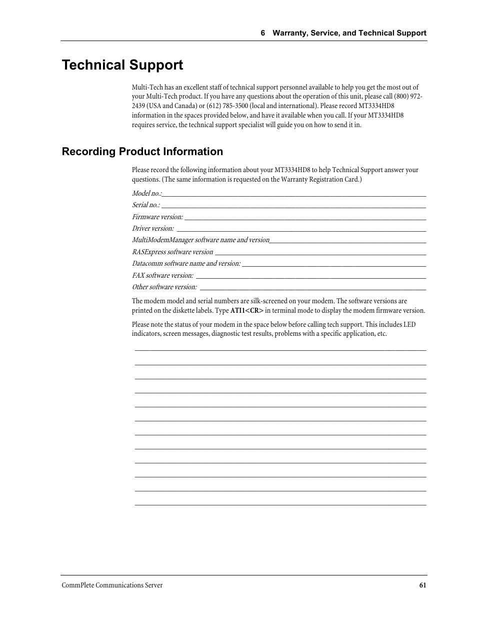 Technical support, Recording product information | Multi-Tech Systems MT3334HD8 User Manual | Page 67 / 100