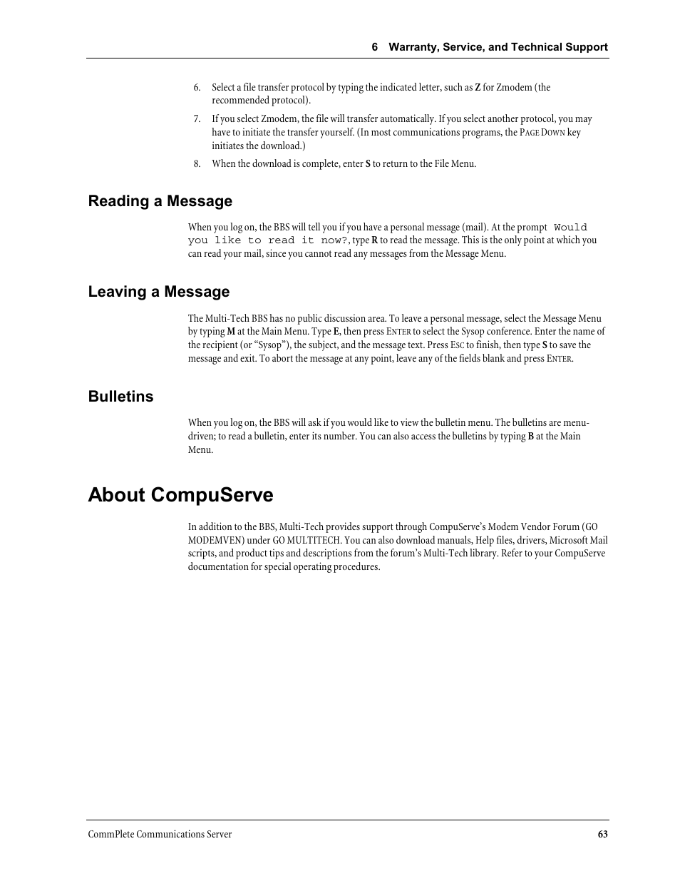 Reading a message, Leaving a message, Bulletins | About compuserve, Reading a message leaving a message bulletins | Multi-Tech Systems MT3334HD8 User Manual | Page 69 / 100