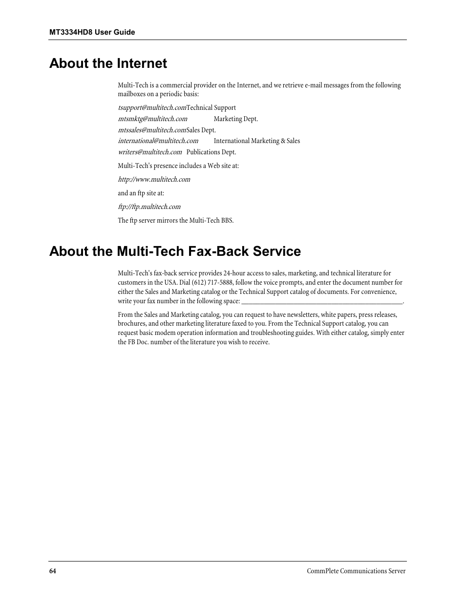About the internet, About the multi-tech fax-back service | Multi-Tech Systems MT3334HD8 User Manual | Page 70 / 100
