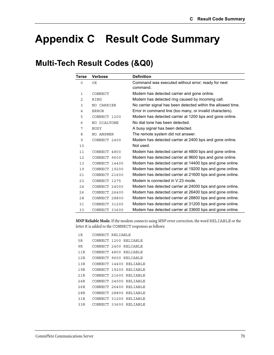 Appendix c result code summary, Multi-tech result codes (&q0) | Multi-Tech Systems MT3334HD8 User Manual | Page 77 / 100