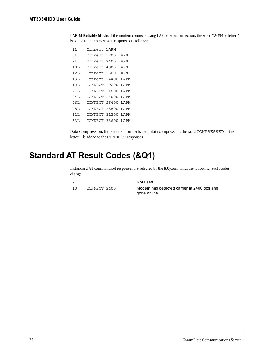 Standard at result codes (&q1) | Multi-Tech Systems MT3334HD8 User Manual | Page 78 / 100