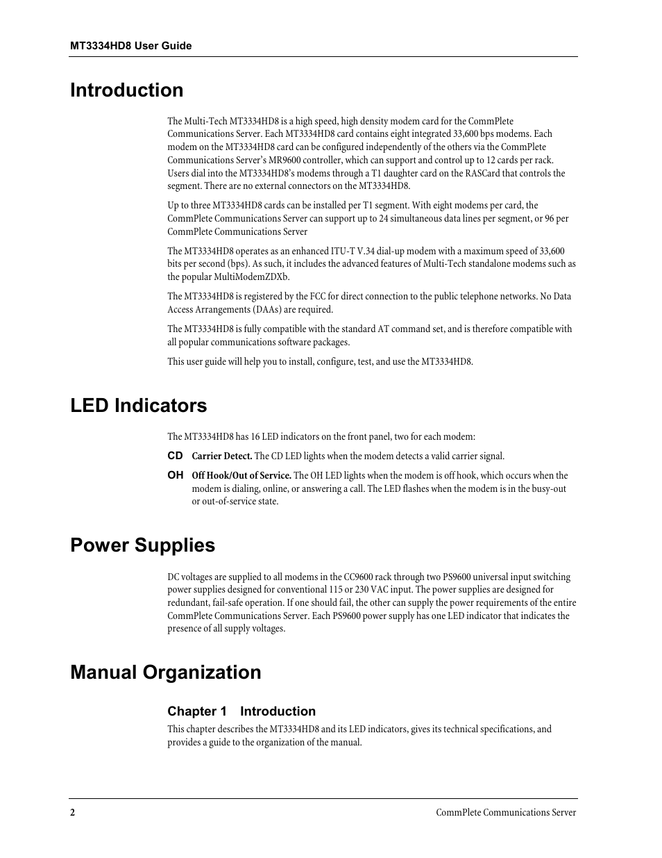 Introduction, Led indicators, Power supplies | Manual organization | Multi-Tech Systems MT3334HD8 User Manual | Page 8 / 100