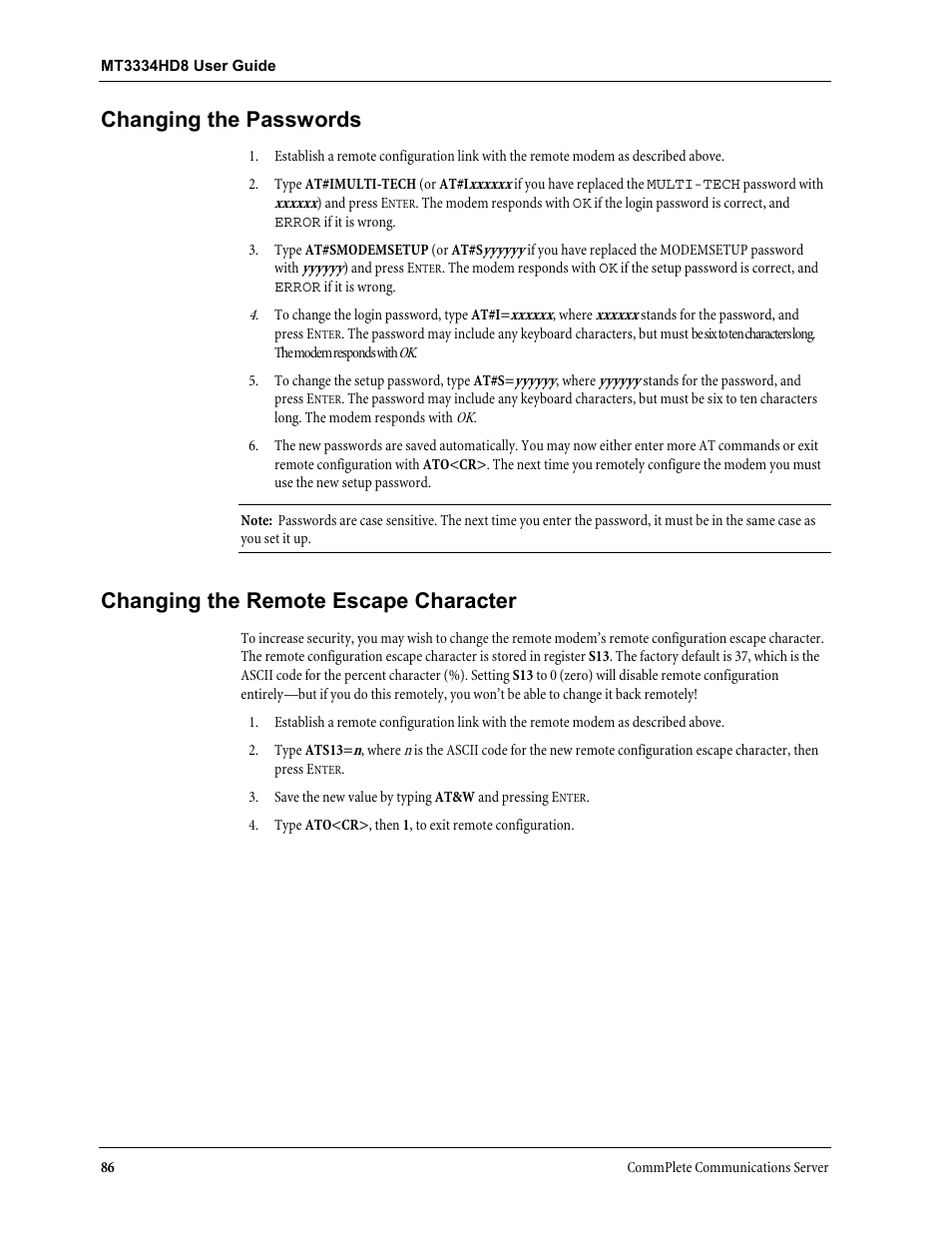 Changing the passwords, Changing the remote escape character | Multi-Tech Systems MT3334HD8 User Manual | Page 92 / 100