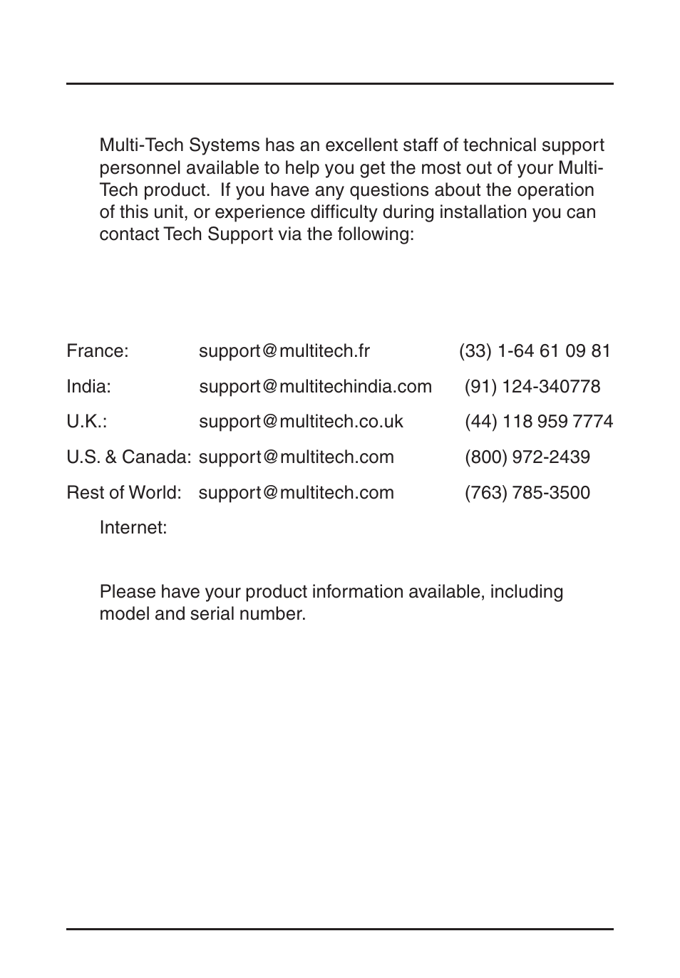 Limited warranty, Technical support, Contacting technical support | Multi-Tech Systems MVP200 User Manual | Page 41 / 44