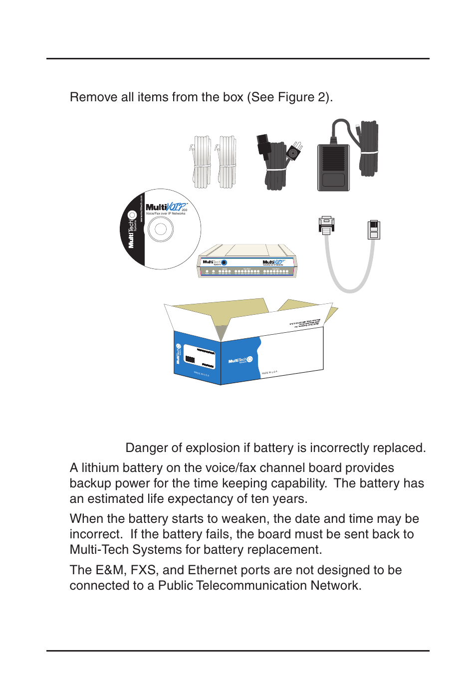 Unpacking your multivoip, Safety warnings, Unpacking your multivoip safety warnings | Multivoip quick start guide 8, Remove all items from the box (see figure 2), Figure 2. unpacking | Multi-Tech Systems MVP200 User Manual | Page 8 / 44