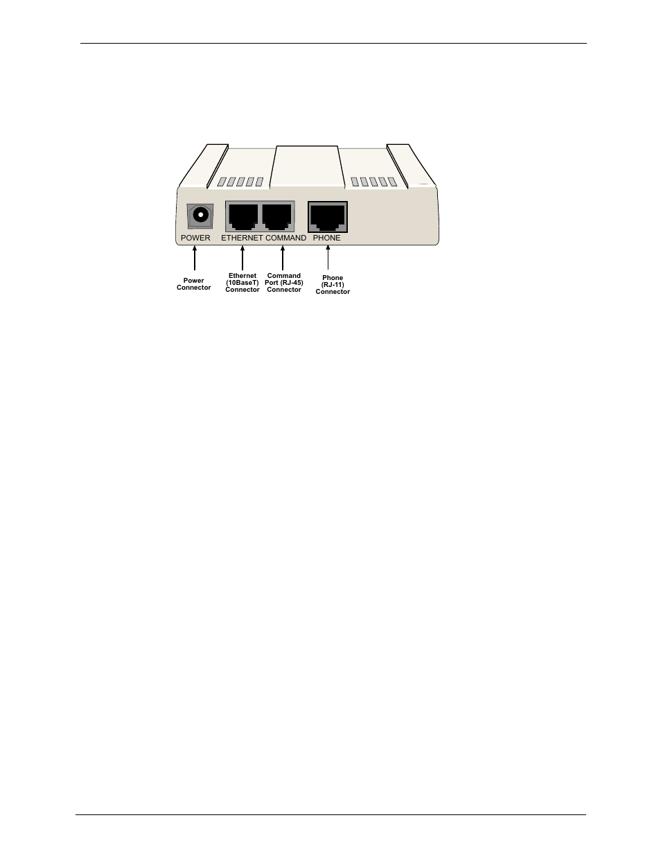 Back panel description, Power connector, Ethernet connector | Command connector, Phone connector | Multi-Tech Systems MVP120 User Manual | Page 13 / 104