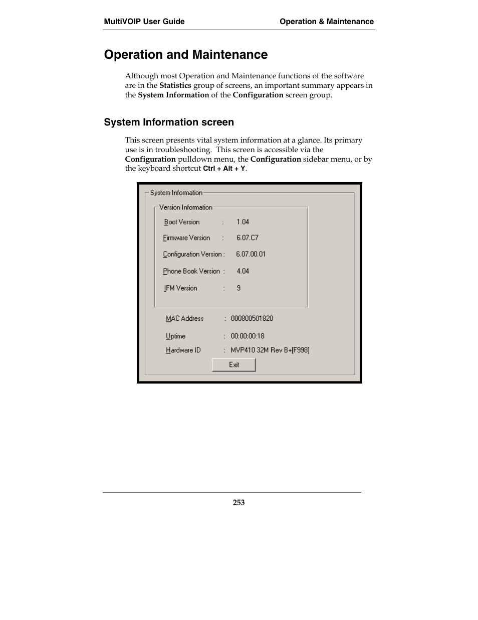 Operation and maintenance, System information screen | Multi-Tech Systems E1 User Manual | Page 253 / 395